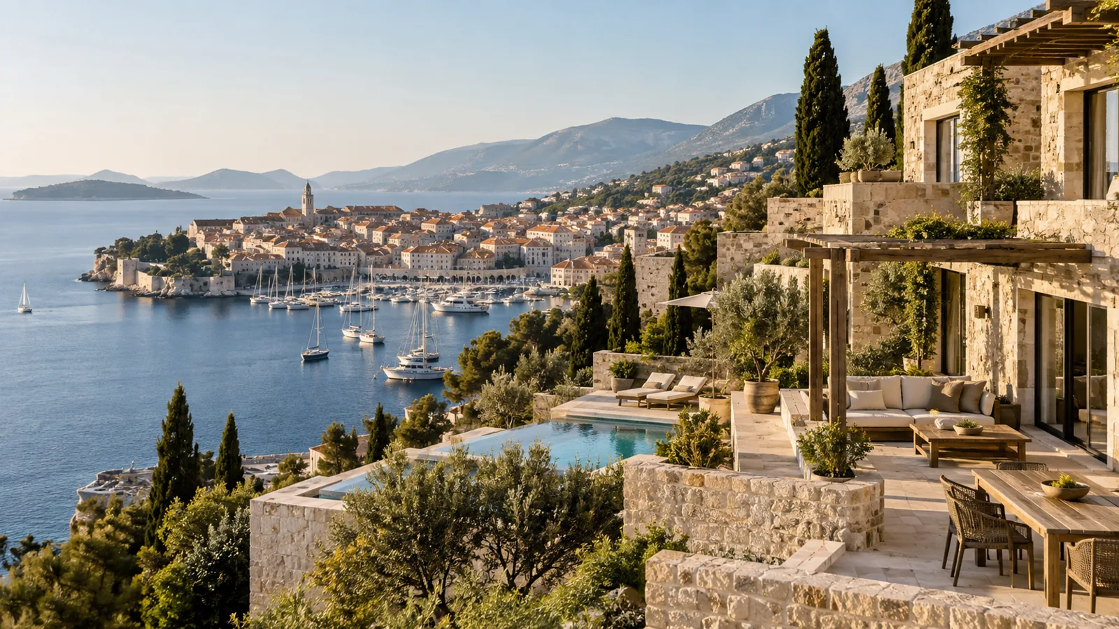 Editorial view of Mediterranean residences and a harbor