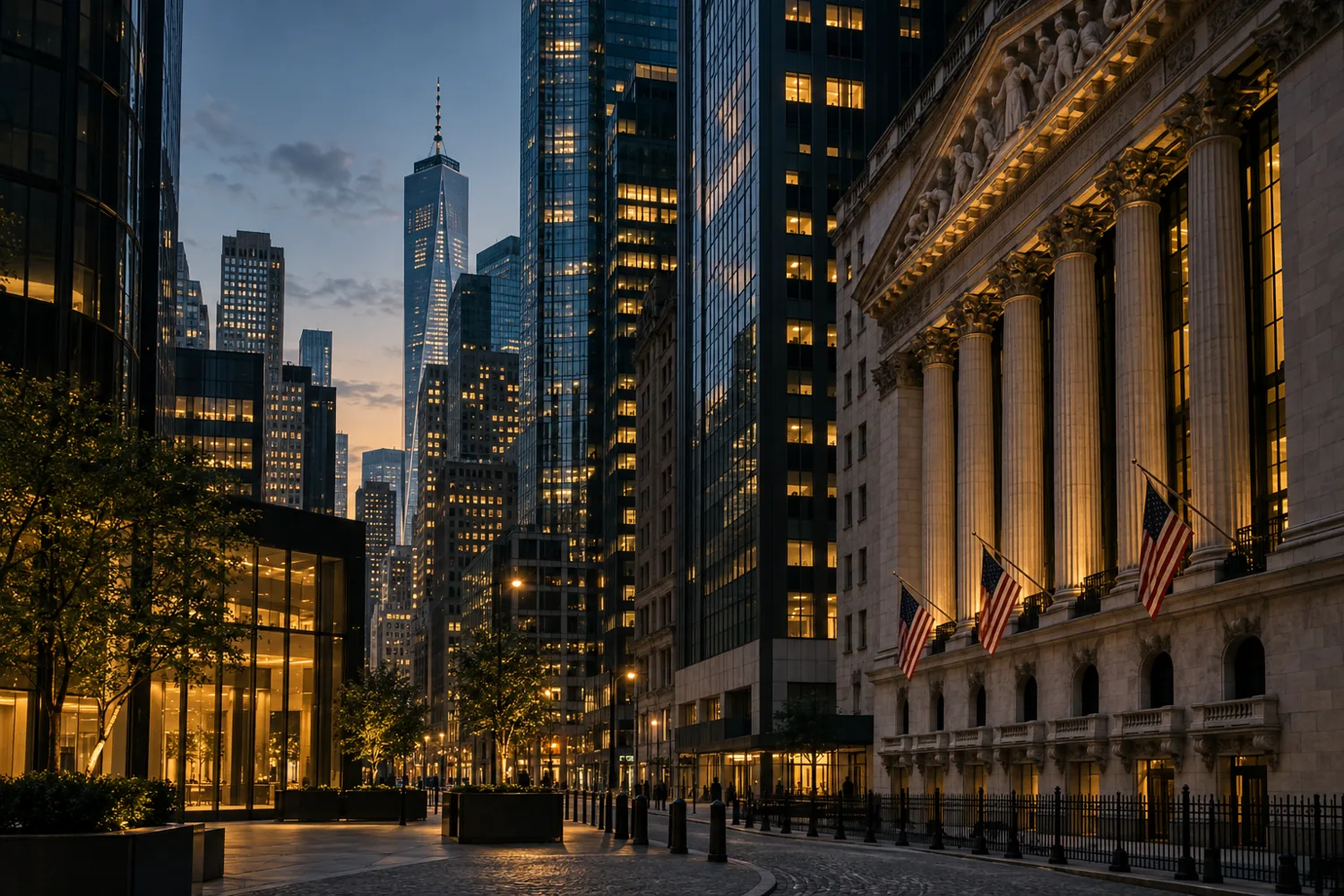 Editorial image of a financial district at dusk